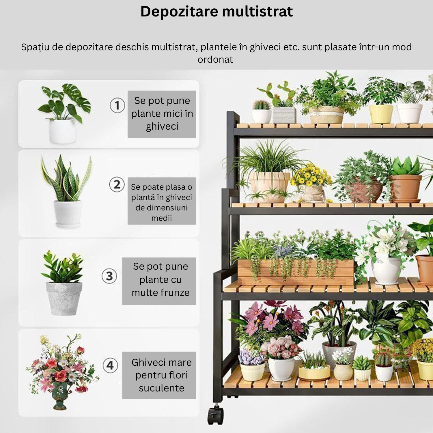 Etajeră plante cu 4 rafturi bambus și roți, cadru metalic – Negru, pentru interior/exterior, 145x48x10