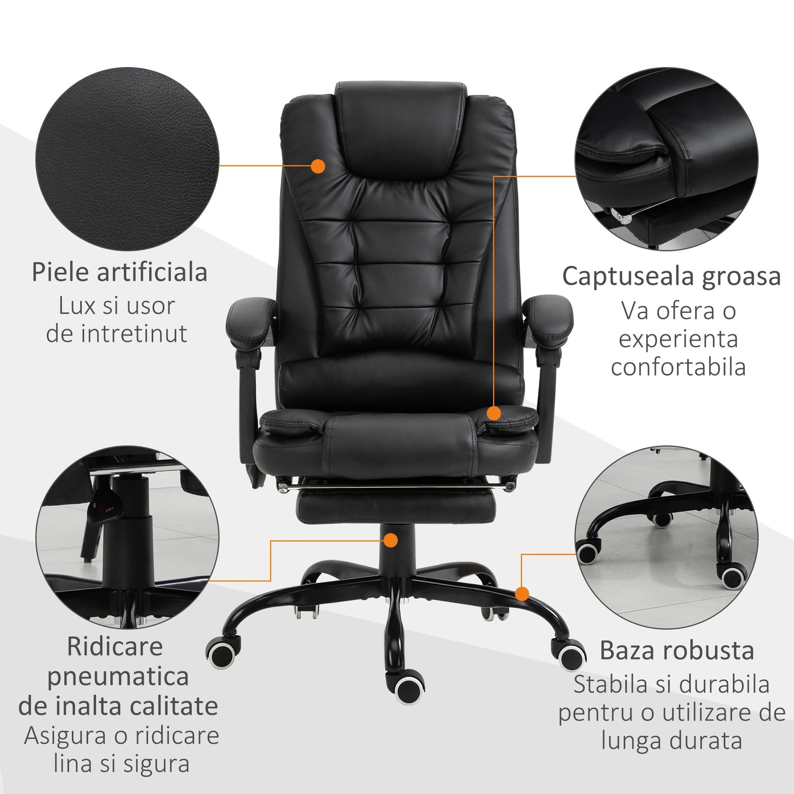 Scaun de Birou Ergonomic Directorial, Piele Ecologică, Recliner și Suport pentru Picioare
