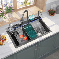 Chiuveta Bucatarie Multifunctionala Negru Grafit cu 2 Cascade, Robinet Cascada, Afisaj Digital Temperatura, Accesorii Incluse