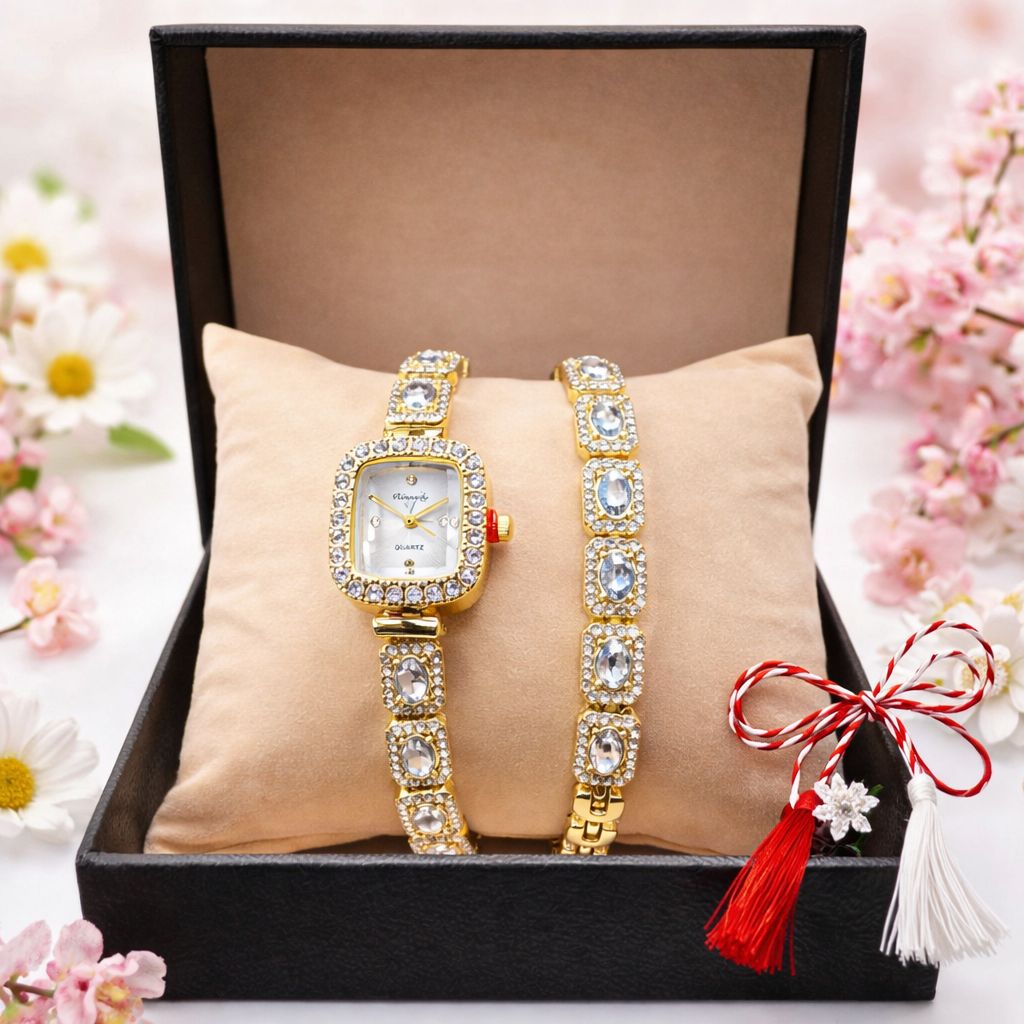 Set Ceas si Bratara Dama, Auriu cu Pietre Decorative