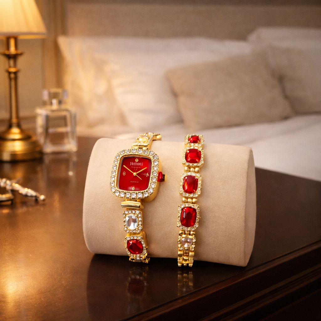 Set Ceas si Bratara Dama, Auriu cu Pietre Decorative