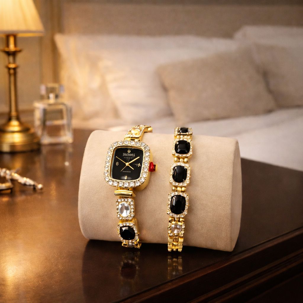 Set Ceas si Bratara Dama, Auriu cu Pietre Decorative