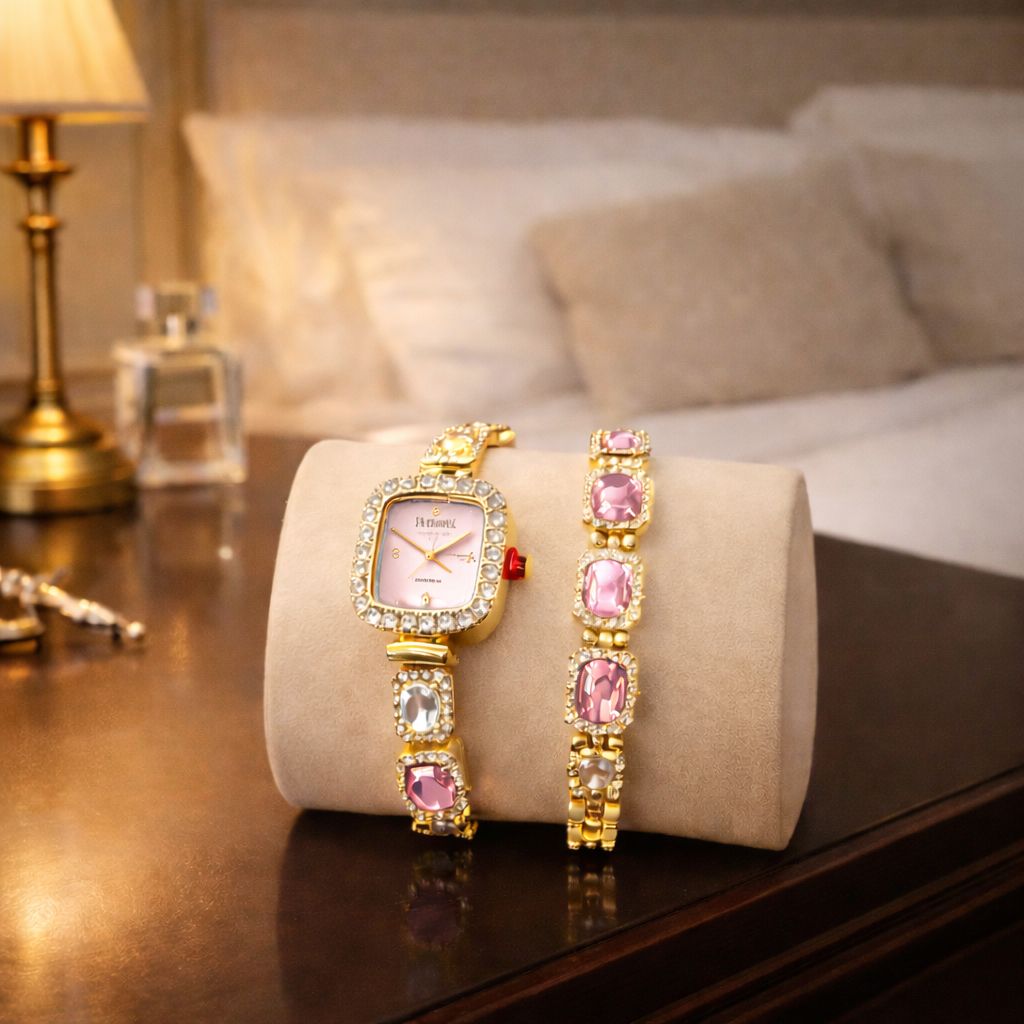 Set Ceas si Bratara Dama, Auriu cu Pietre Decorative
