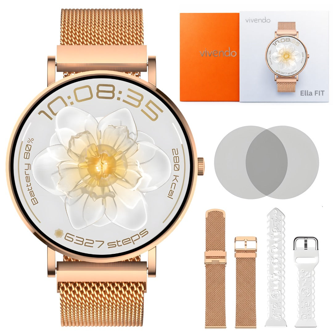 Ceas Smartwatch Dama ELLA PRO Vivendo®, Ecran AMOLED 1.32", Fitness, Apel Bluetooth, Notificari Limba Romana, ChatGPT AI, Incarcare Wireless, Rezistent Apa IP68, 2 Curele Incluse