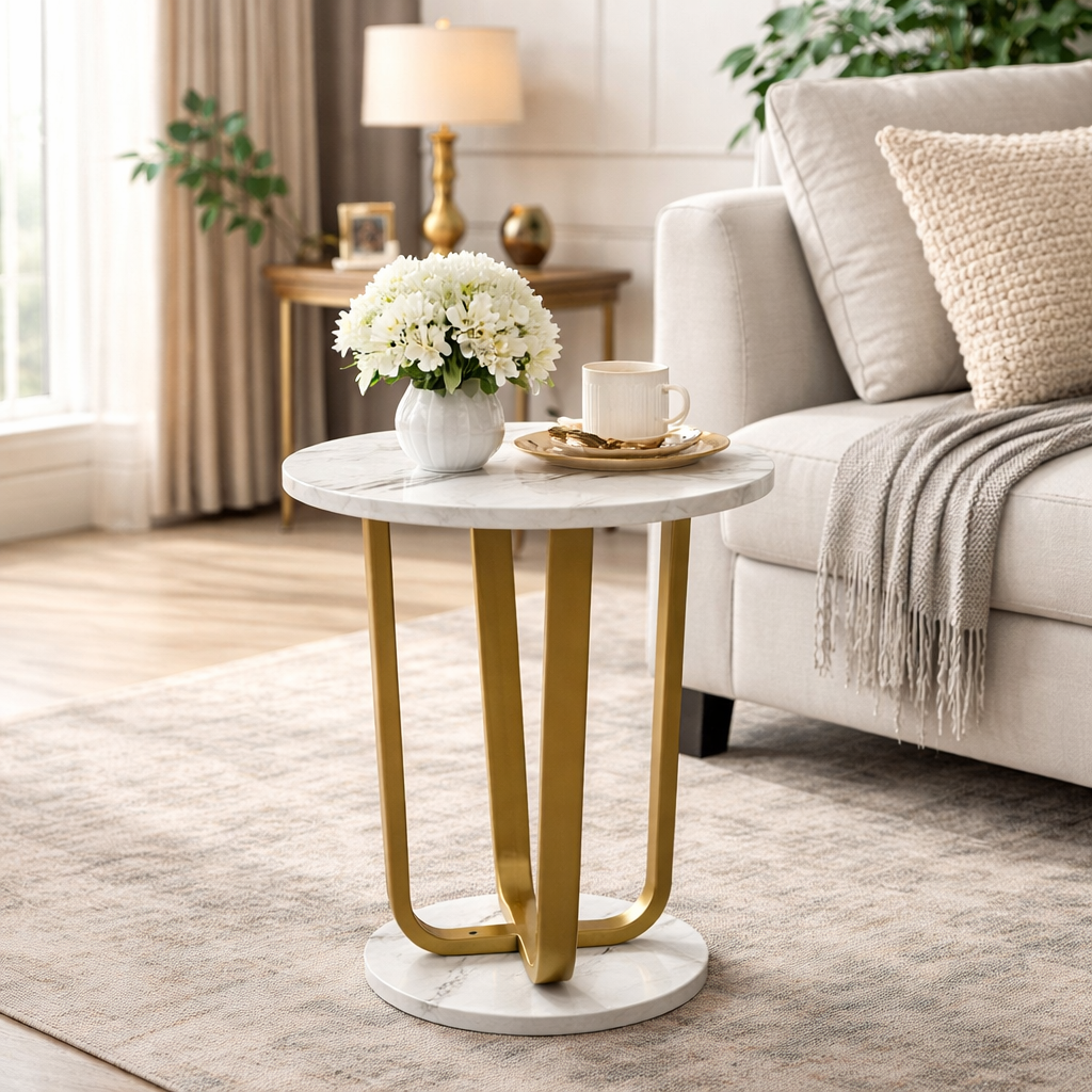 RESIGILAT - Masuta rotunda, blat efect marmura, cadru metalic auriu, design modern, 40x55 cm