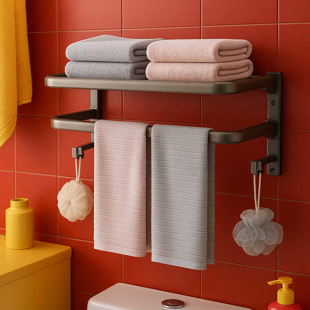 Suport prosoape baie, pliabil, aluminiu spatial, cu polita si carlige, lungime 60cm, Gri