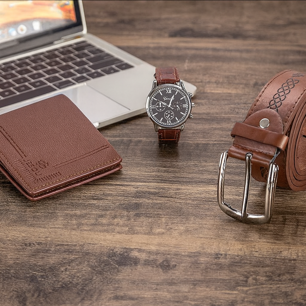 Set Cadou Barbati – Portofel, Curea si Ceas Casual din Imitatie Piele Premium