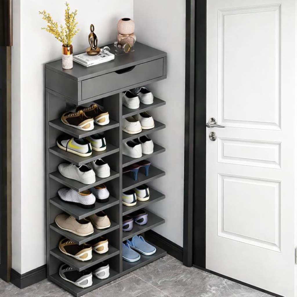 Pantofar cu 7 Etaje si Sertar Superior din PAL Gri 40 x 22 x 111 cm