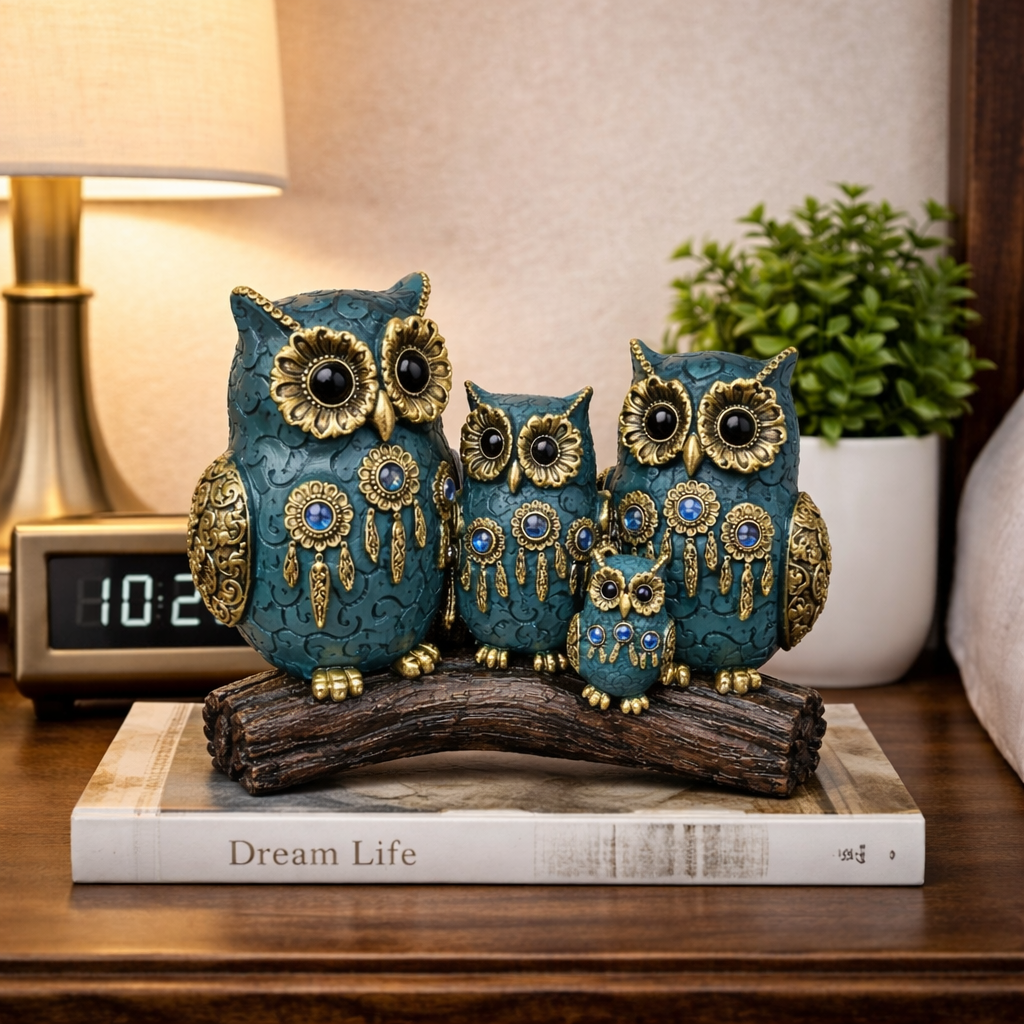 Set decorativ Bufnite Familie pe suport tip ramura – 18.6 x 14.5 cm