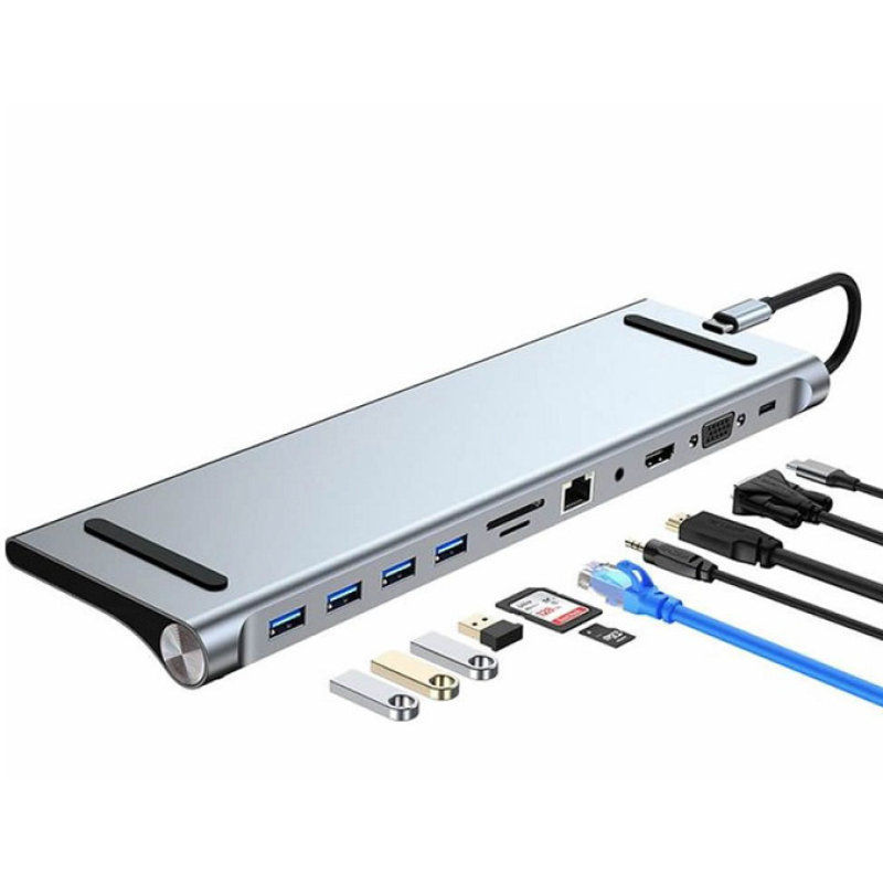 Adaptor hub USB-C 11 in 1 cu HDMI 4K, LAN, VGA, USB 3.0 si cititor card