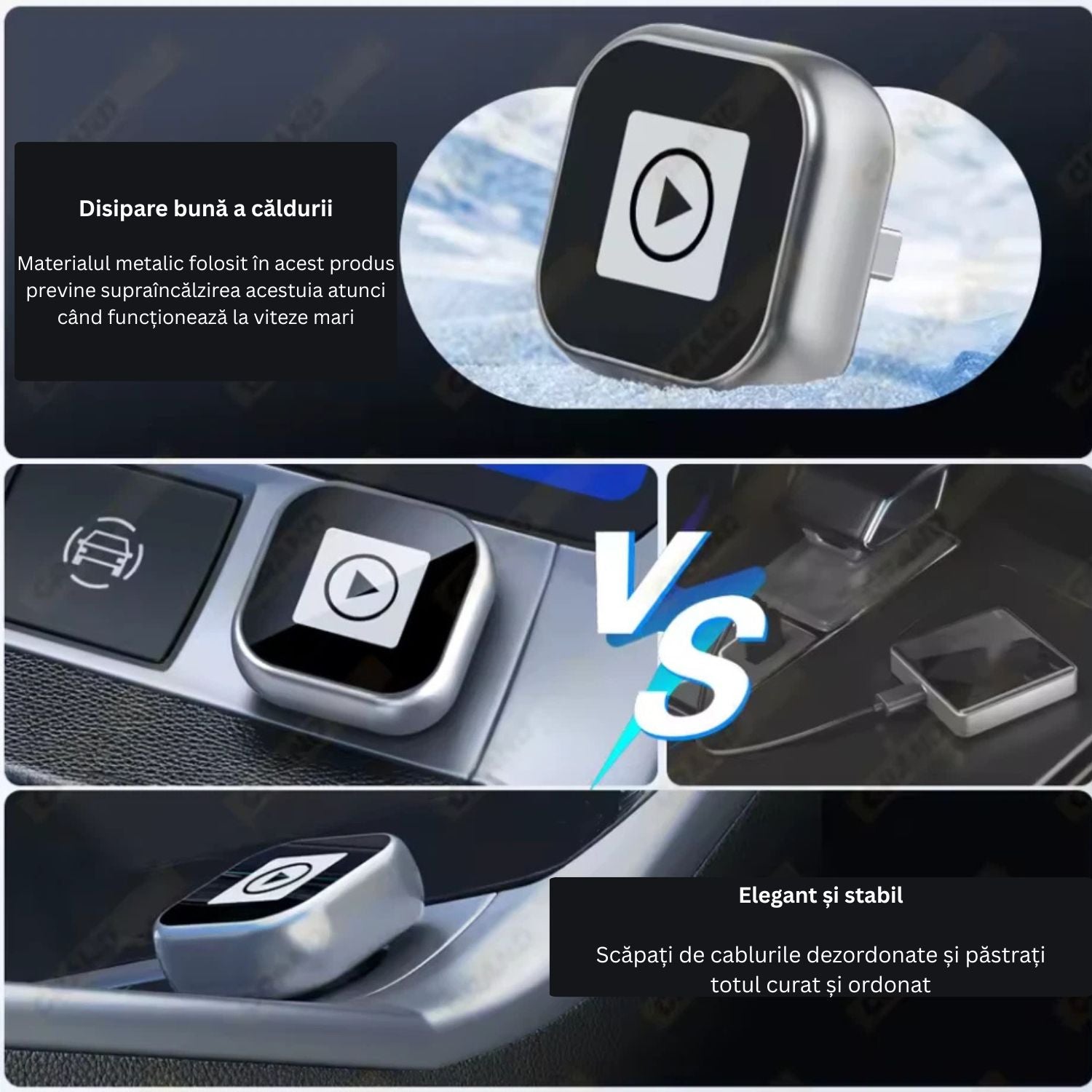 Adaptor wireless CarPlay si Android Auto 2 in 1 din aliaj de zinc, culoare auriu sampanie, compatibil universal