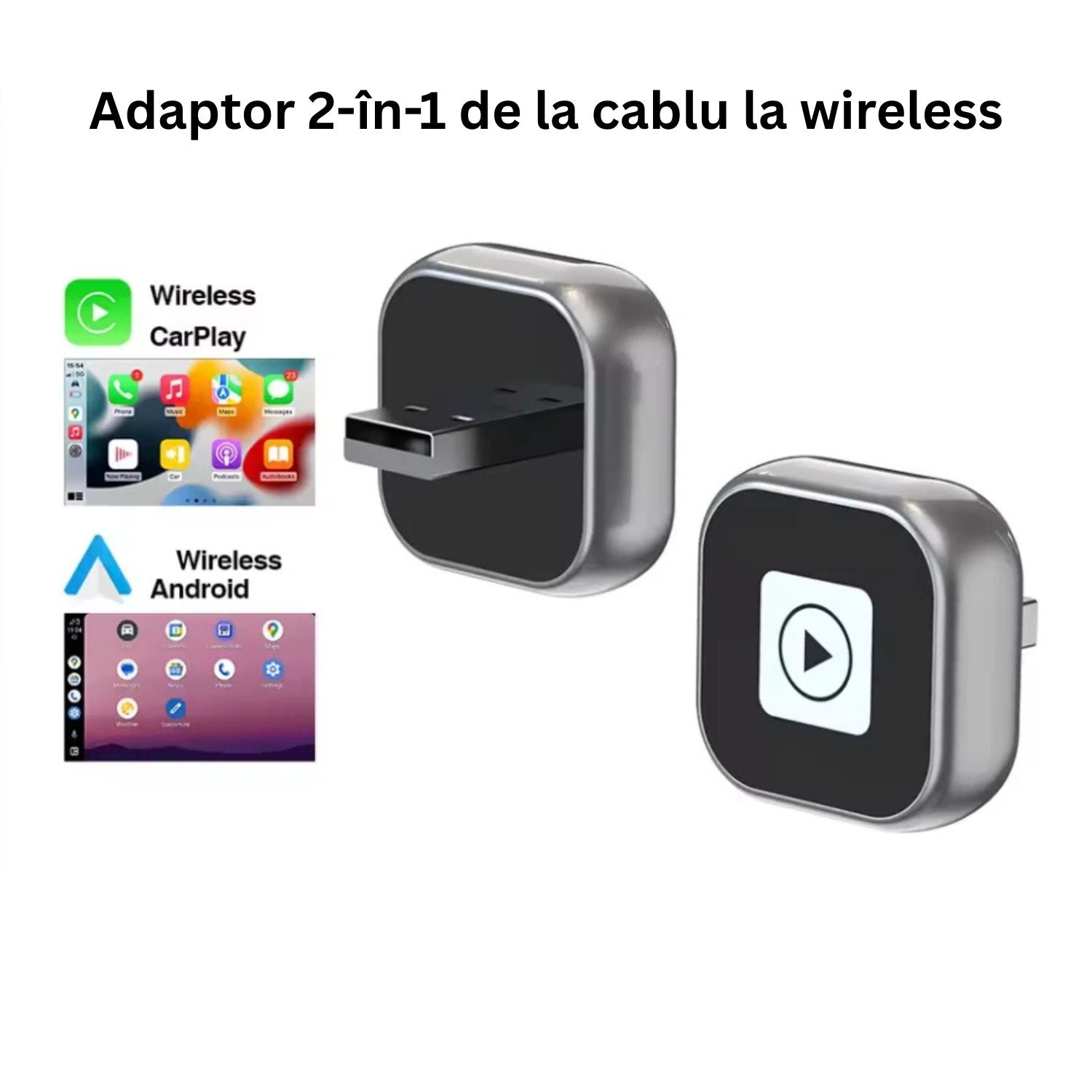 Adaptor wireless CarPlay si Android Auto 2 in 1 din aliaj de zinc, culoare auriu sampanie, compatibil universal