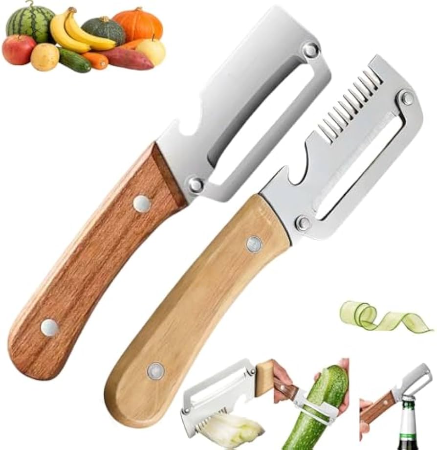 Set 2 curatatoare multifunctionale 2 in 1 pentru fructe si legume, cu deschizator de sticle integrat, lame din otel inoxidabil si maner din lemn - detaliu produs