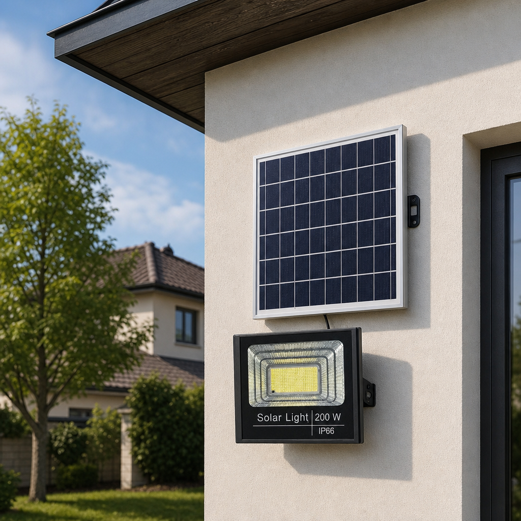 Proiector LED cu panou solar si telecomanda, IP66