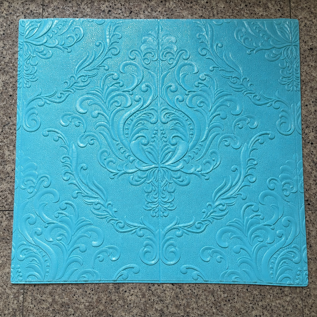 Tapet decorativ 3D turcoaz cu model floral – 70 × 70 cm - in context de utilizare
