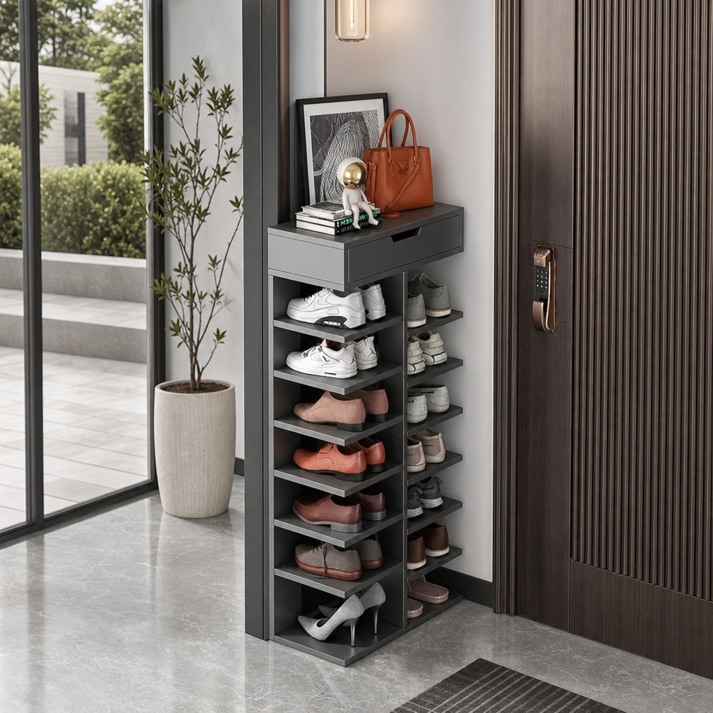 Pantofar cu 7 Etaje si Sertar Superior din PAL Gri/Stejar 40 x 22 x 111 cm - imagine 3