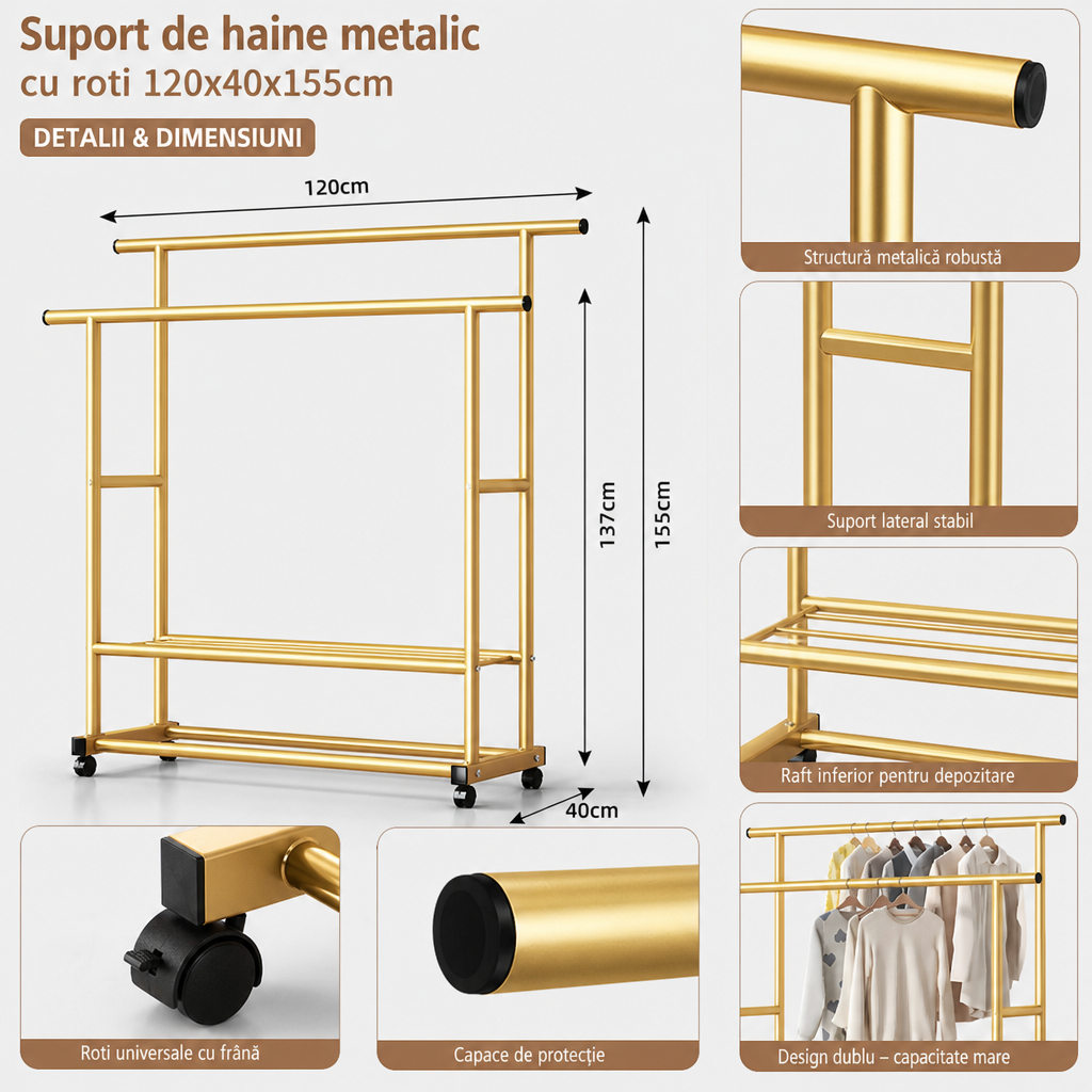 Suport de Haine Metalic cu Roti 120x40x155cm Pliabil auriu - specificatii tehnice