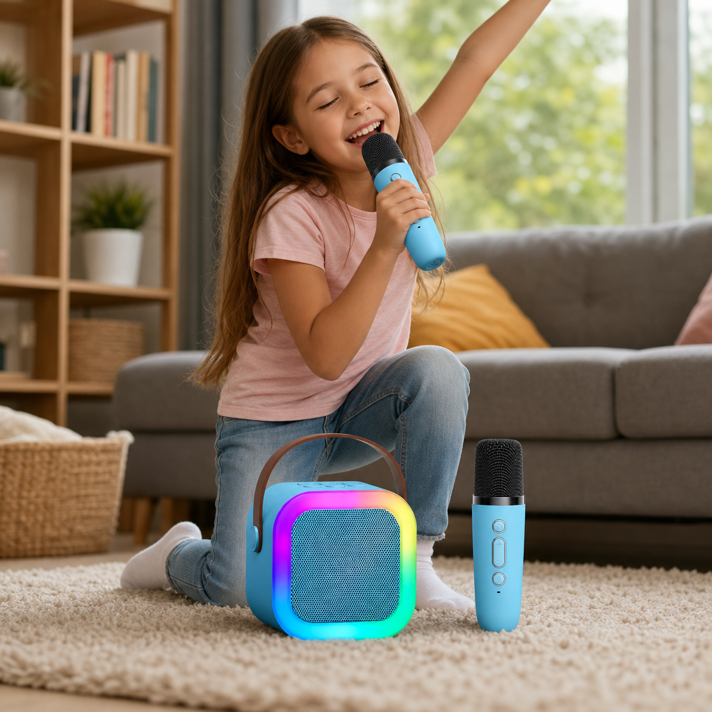 Boxa Portabila Karaoke pentru Copii cu 2 Microfoane Wireless Bluetooth Lumini RGB Roz sau Albastru