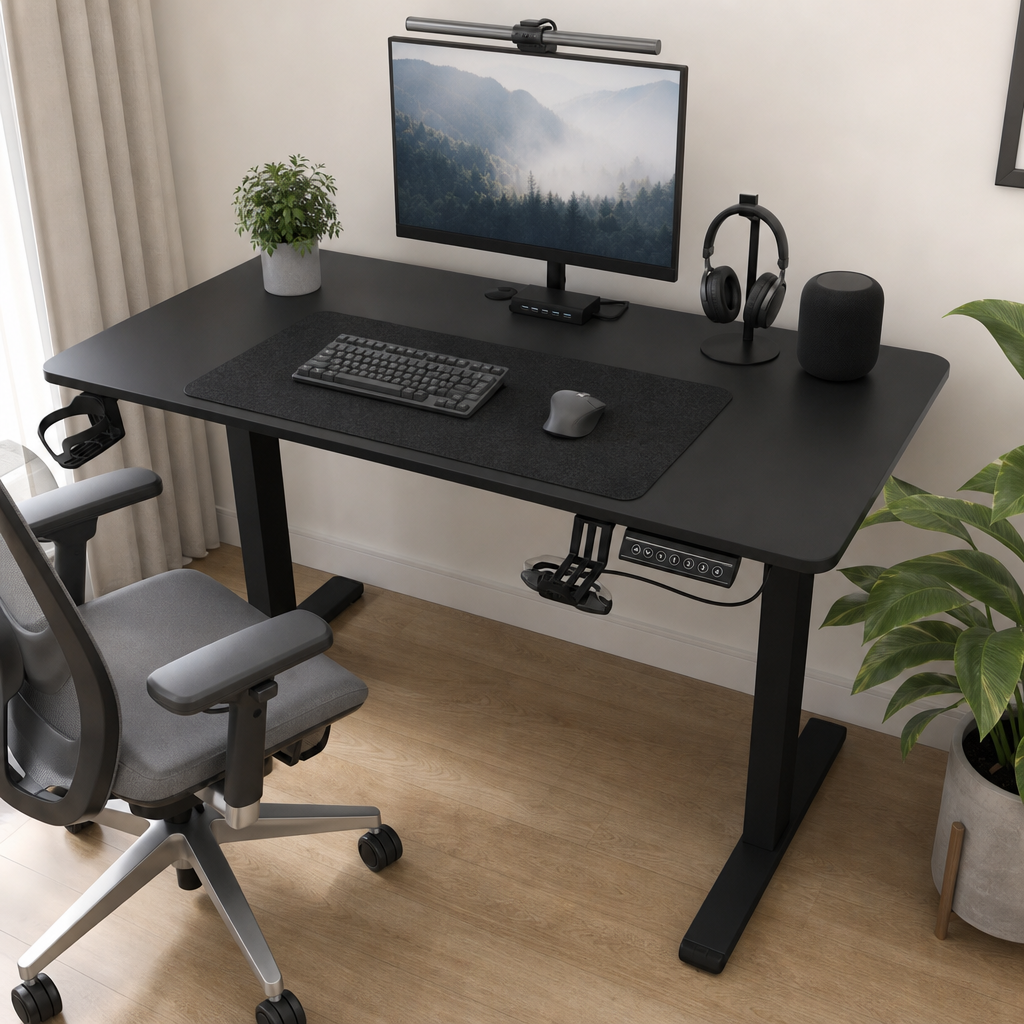 Birou Electric Reglabil pe Inaltime 140x60cm Blat Negru Panou Control Digital - in context de utilizare