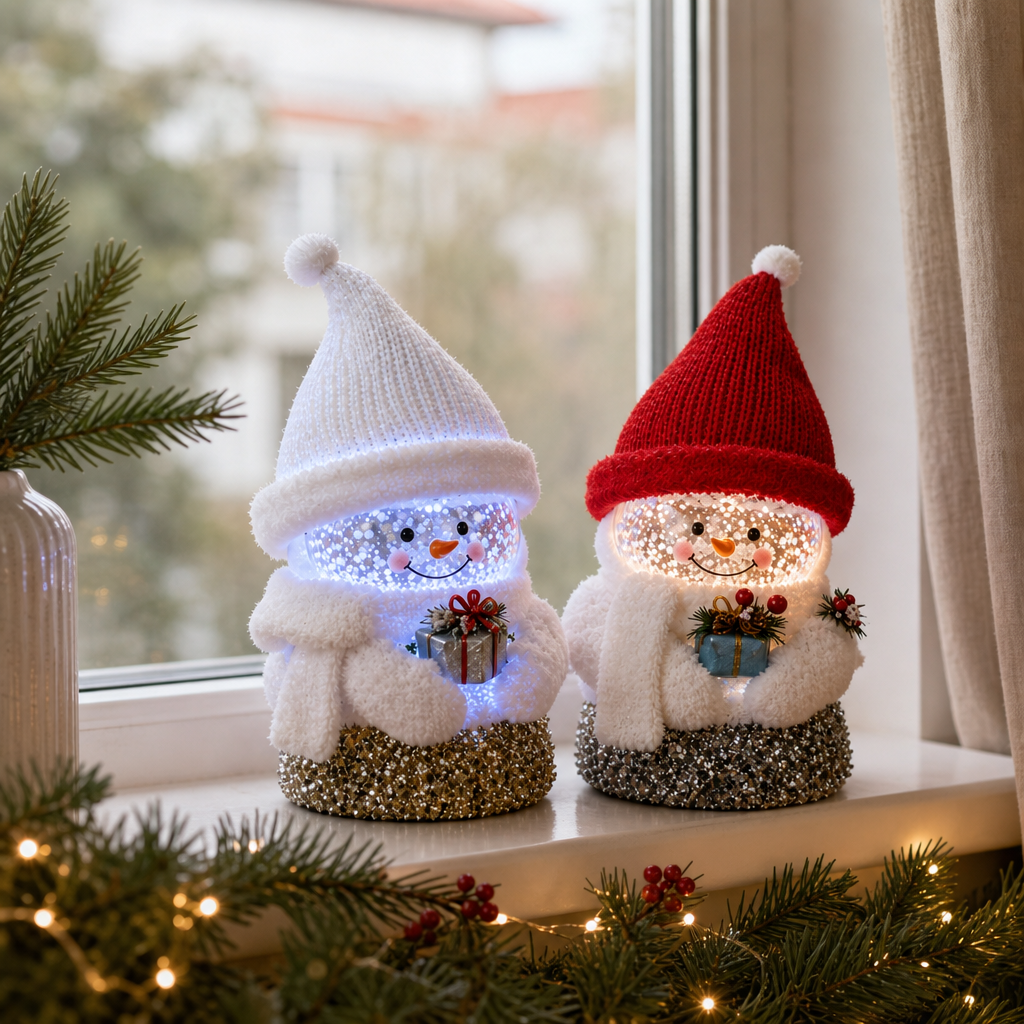 Decorațiune de Crăciun Premium Om de Zăpadă cu Iluminare, Căciulă Tricotată și Cadou – 14 × 18 × 28 cm - in context de utilizare