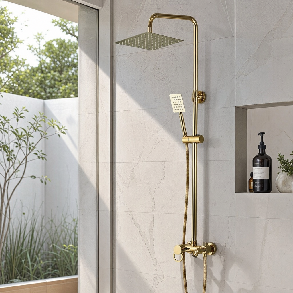 Coloana de Dus Inox Crom Reglabila cu Suport Perete si Cap Dus Rotund - in context de utilizare
