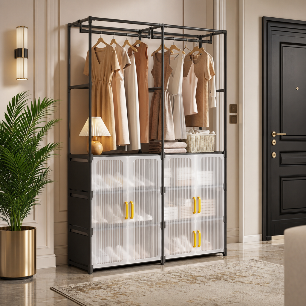 Dulap pentru Pantofi cu Usa Dubla 6 Sertare si Suport Haine 175x30.5x114 cm - in context de utilizare