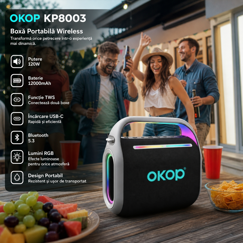 OKOP KP-8003 Boxa Portabila Bluetooth 120W Lumini RGB USB TF AUX Microfon - in context de utilizare