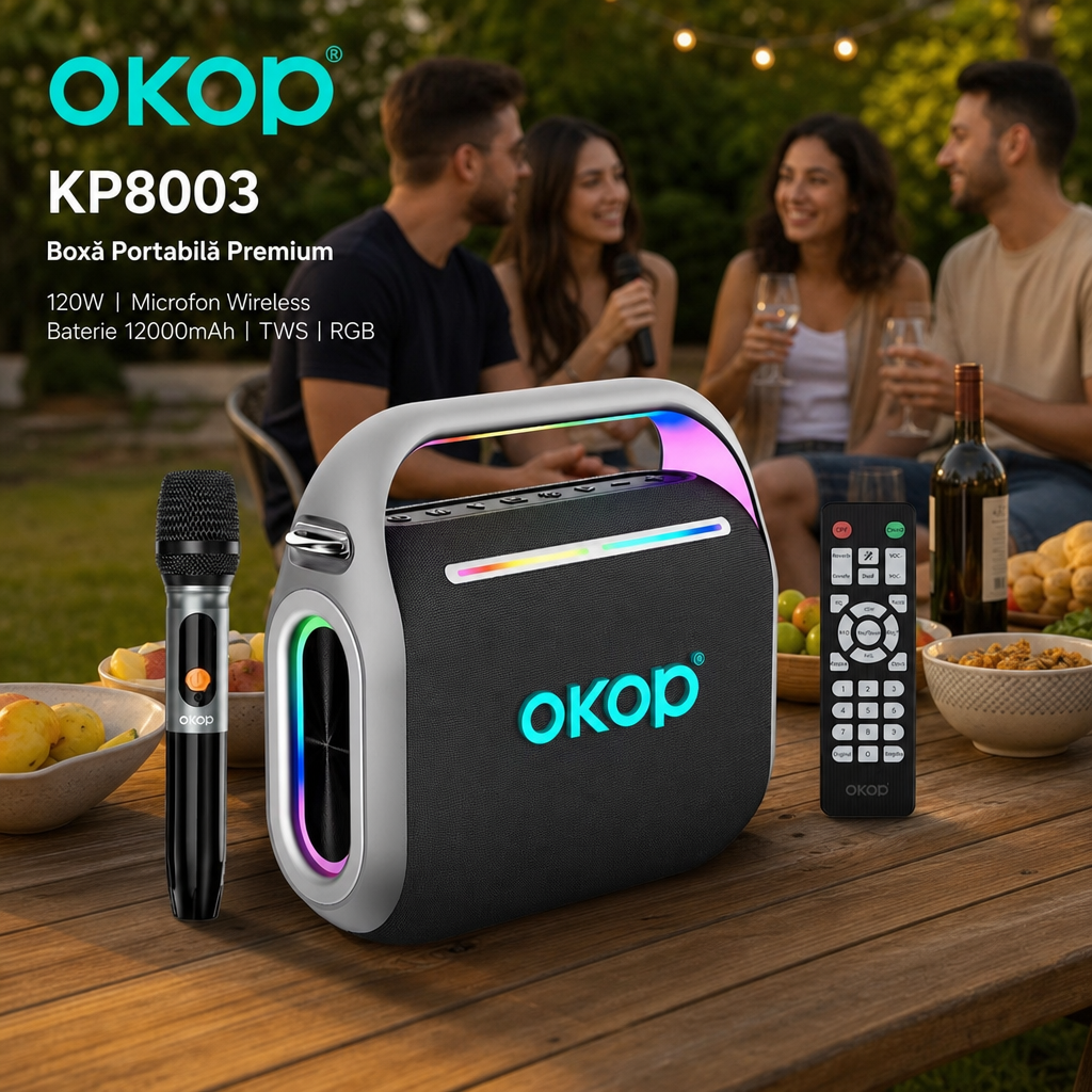 OKOP KP-8003 Boxa Portabila Bluetooth 120W Lumini RGB USB TF AUX Microfon - in context de utilizare