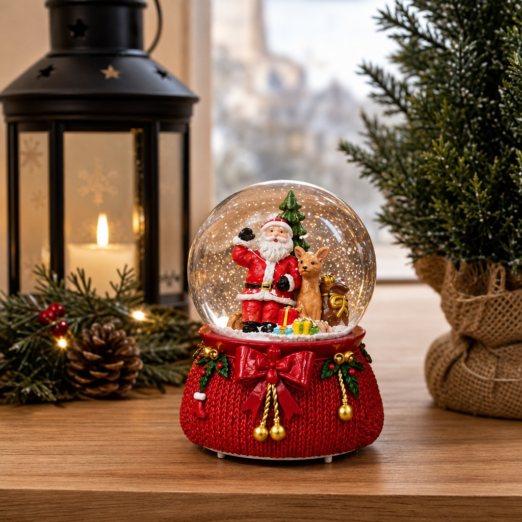 Glob Decorativ de Crăciun Premium cu Moș Crăciun, Brad și Ren – 15 × 10 cm - in context de utilizare