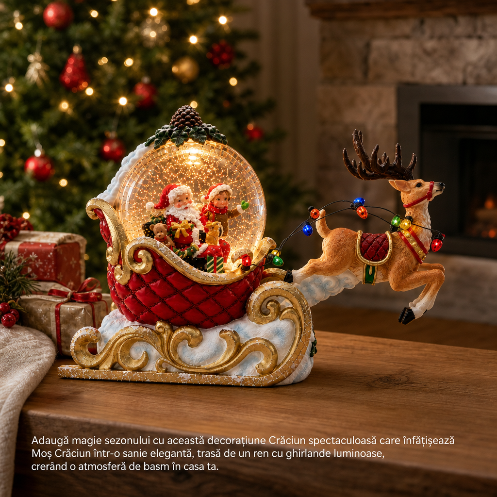 Decoratiune Craciun Santa in Sanie cu Ren LED Lumina Calda Ornament Festiv - in context de utilizare