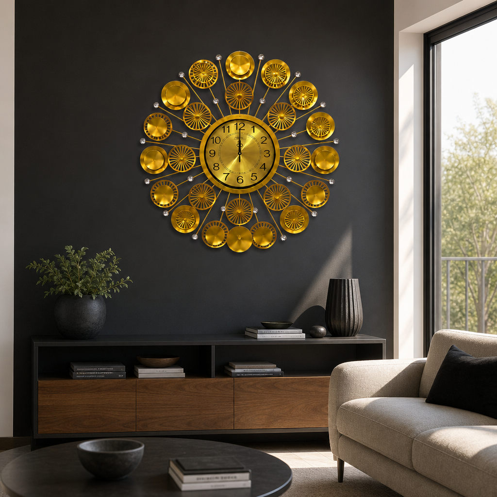 Ceas de Perete Decorativ Premium Auriu 60cm Design Solar 3D Cristale - in context de utilizare