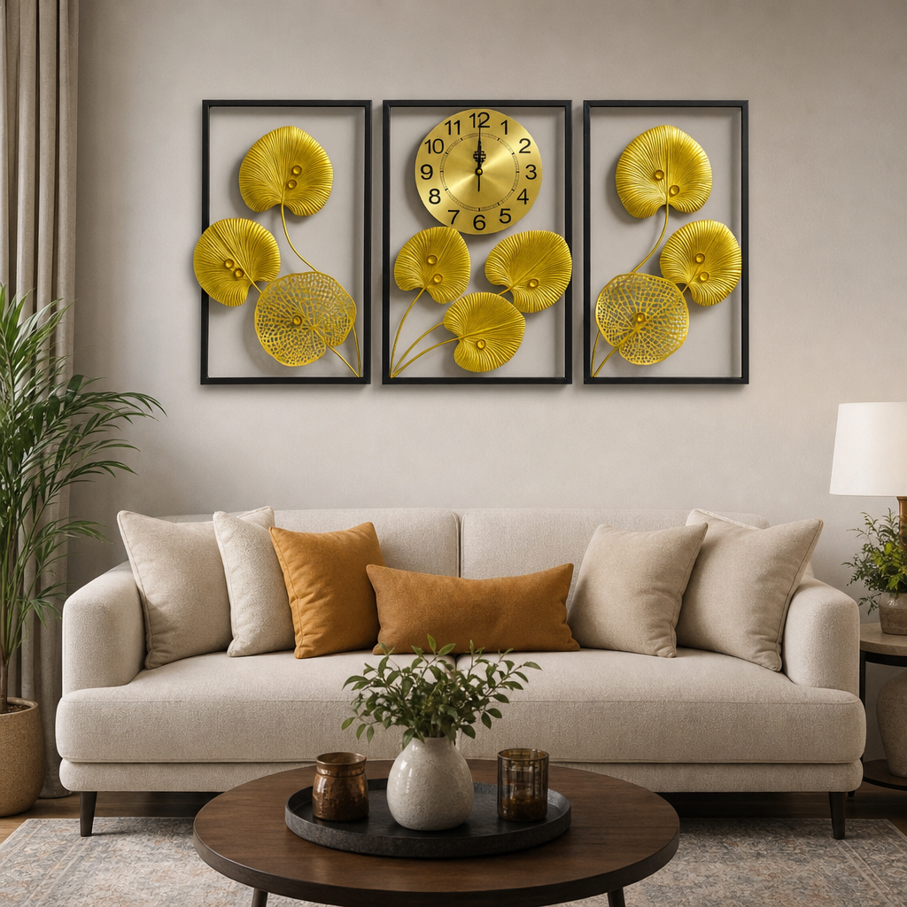 Ceas de Perete Metalic Stil Tablou, Set 3 Panouri Decorative cu Frunze Aurii 3D – 60 × 40 cm / Panou - in context de utilizare
