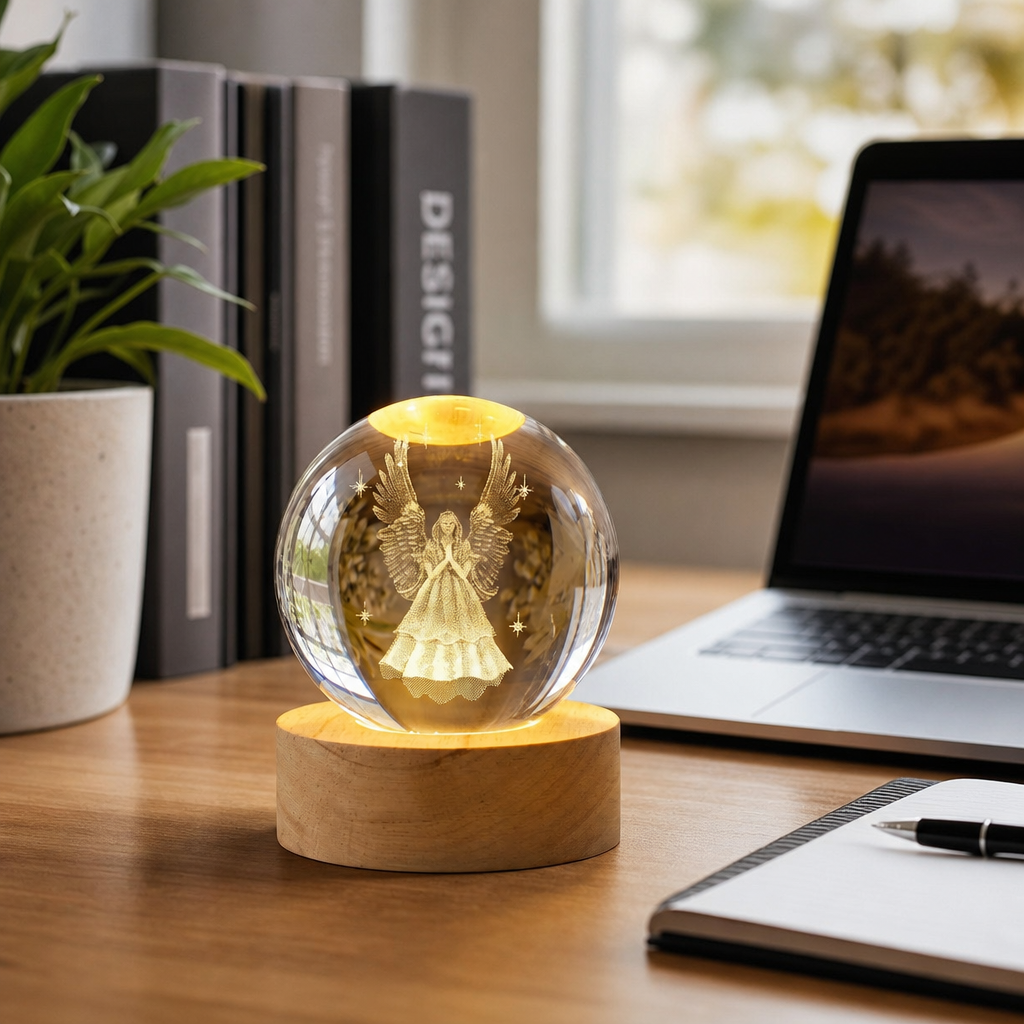 Glob Decorativ Transparent cu Inger Gravat si Suport Luminos Decoratiune Craciun Sticla - in context de utilizare