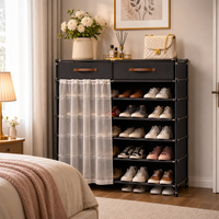 Pantofar Textil cu 2 Sertare și Rafturi Ajustabile, 95 × 30 × 123 cm, Cadru Metalic, Perdea Antipraf, Negru - in context de utilizare