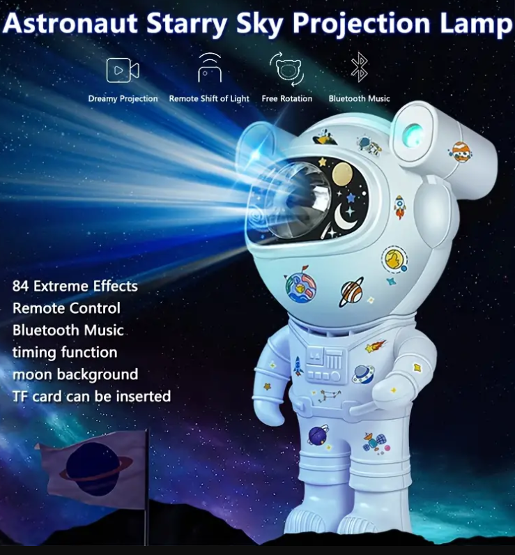 Proiector LED in forma de astronaut cu sunete si lumini, stickere autoadezive, conexiune Bluetooth