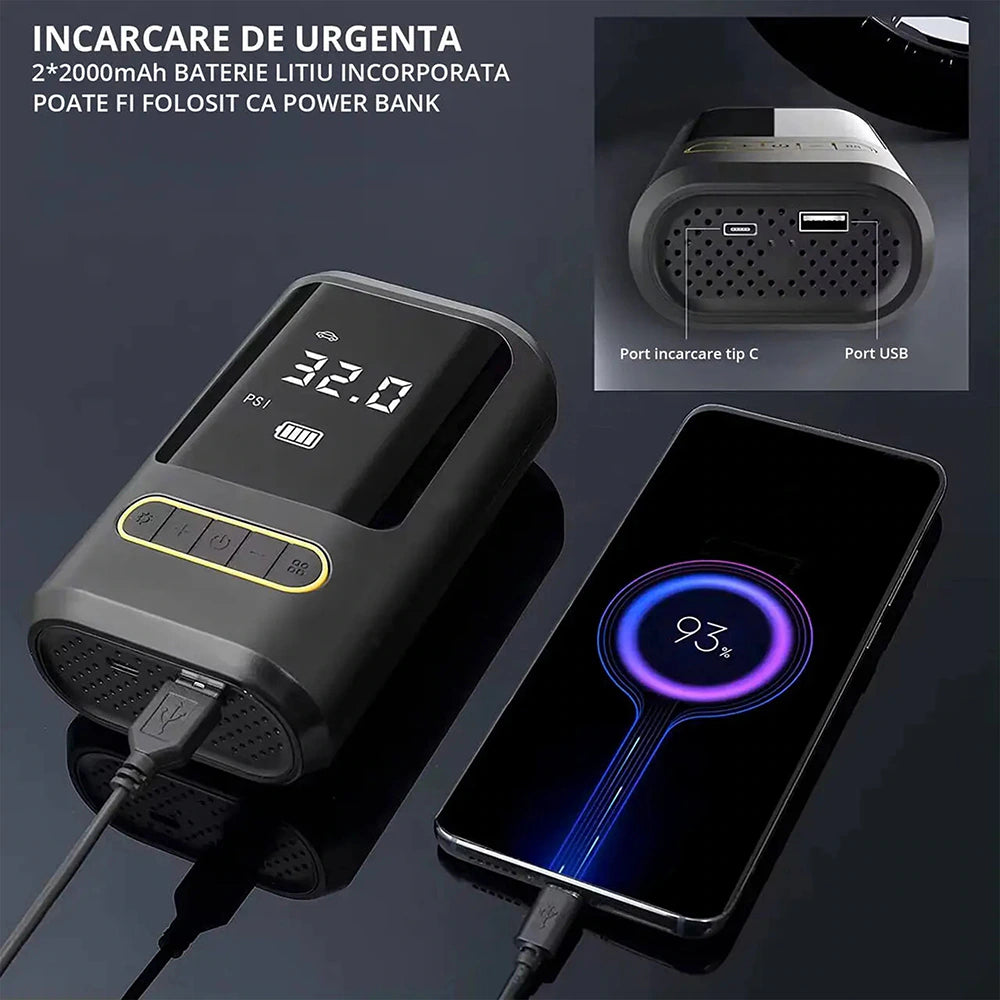 Pompa aer auto electrica, afisaj digital LCD, Lanterna LED, Portabila, Reincarcare USB C, baterie 4000 mAh, Manometru digital, 120 W, sundiguer, Negru