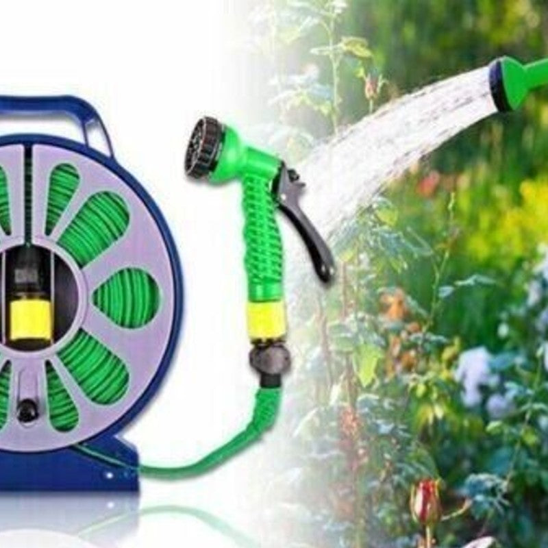 Set pentru stropit, furtun textil flexibil 15m cu tambur, pistol de pulverizat 7 in 1