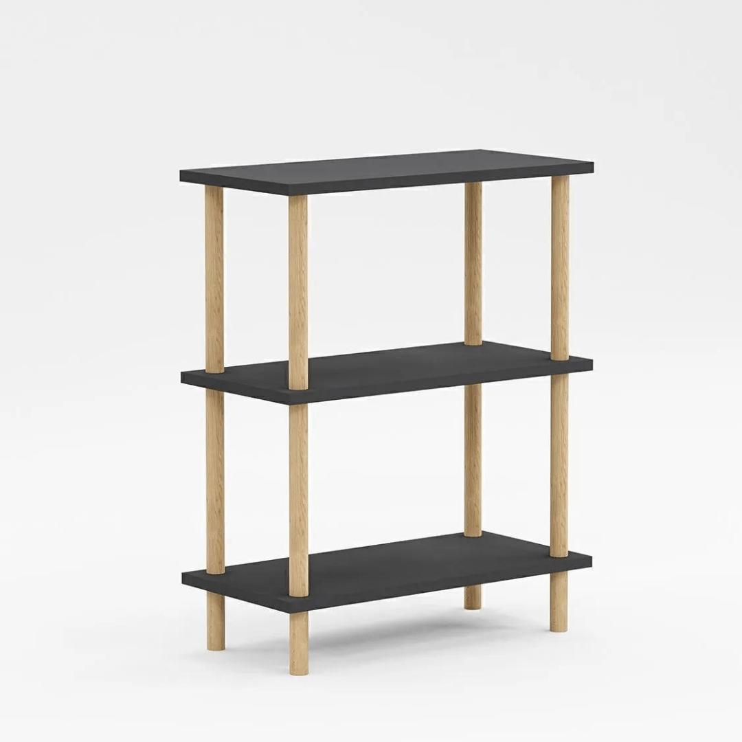 Etajera decorativa cu 3 rafturi si picioare din lemn – ideala ca biblioteca sau masuta laterala