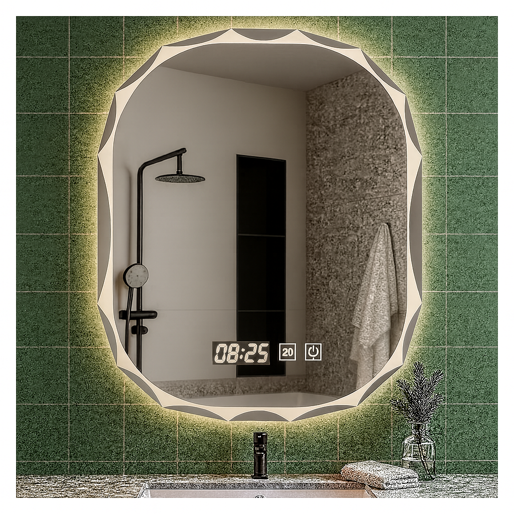 Oglinda Baie LED Ovală cu Senzor Touch, Dezaburire si Ceas – Design Modern 80 x 60 cm