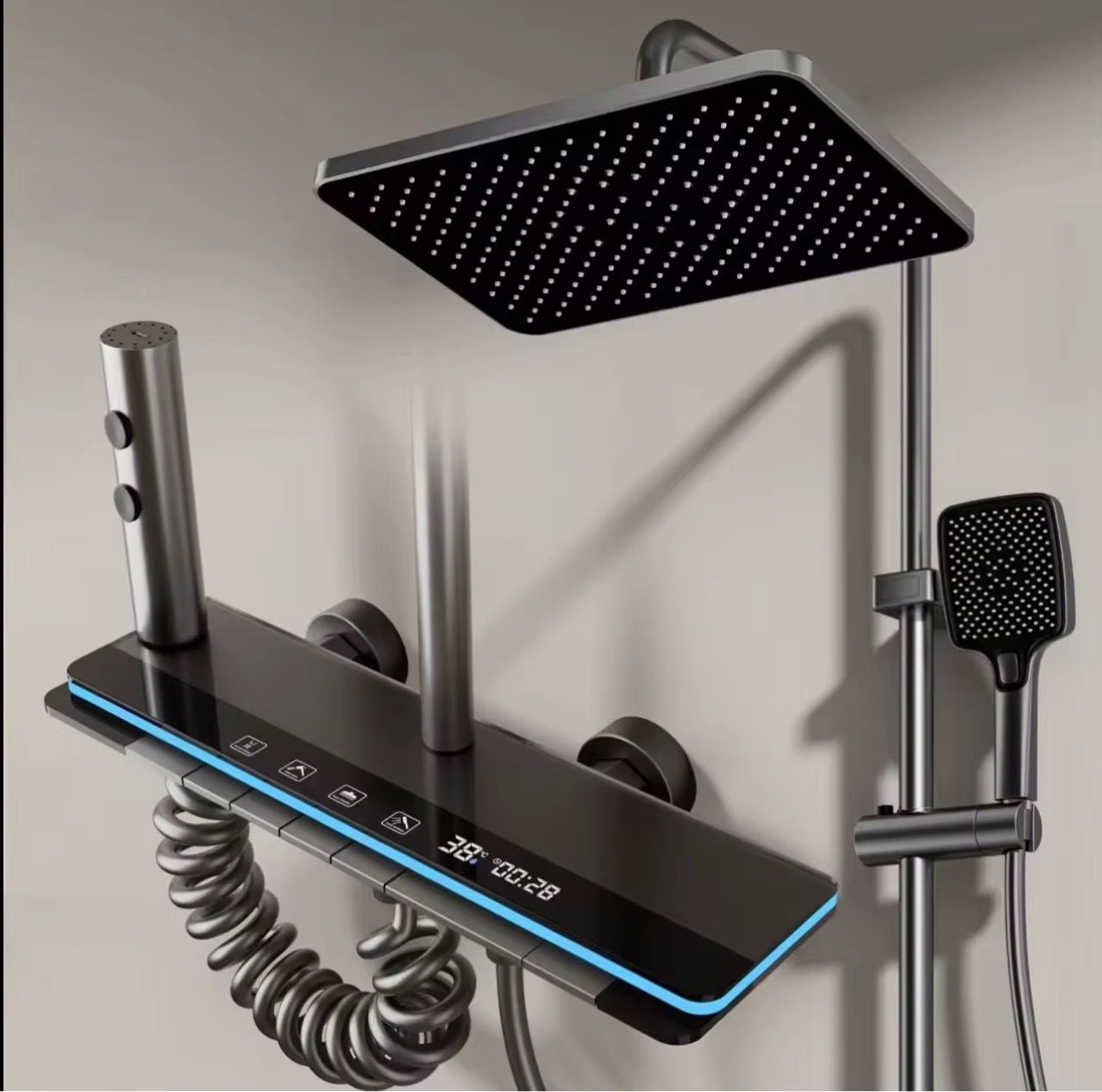 Set de Dus Cu Afisaj Digital Si Functie Termostatica, Afisaj Digital, Lumina LED Ambientala, 4 Moduri de Pulverizare