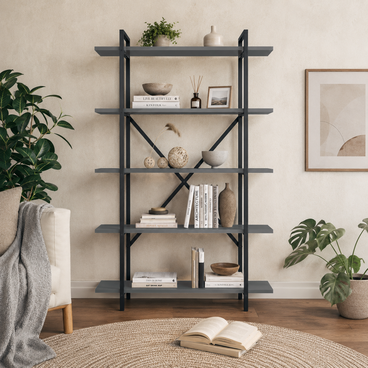 Biblioteca moderna din PAL si metal 90x29,7x159,6 cm, cu 5 rafturi, pentru carti si decoratiuni - imagine 2