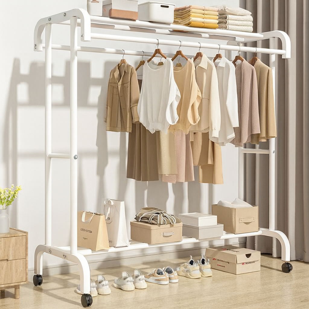 Suport dublu de umerase pentru haine, cu 1 suport de pantofi, din metal, cu raft depozitare deasupra – 50KG greutate maxima, 150x120x48cm