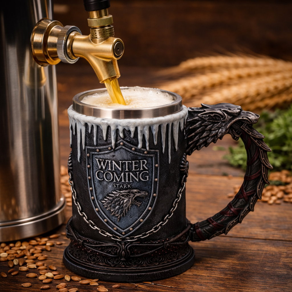 Halba de bere medievala 600 ml Winter is Coming, maner dragon, efect gheata, interior inox