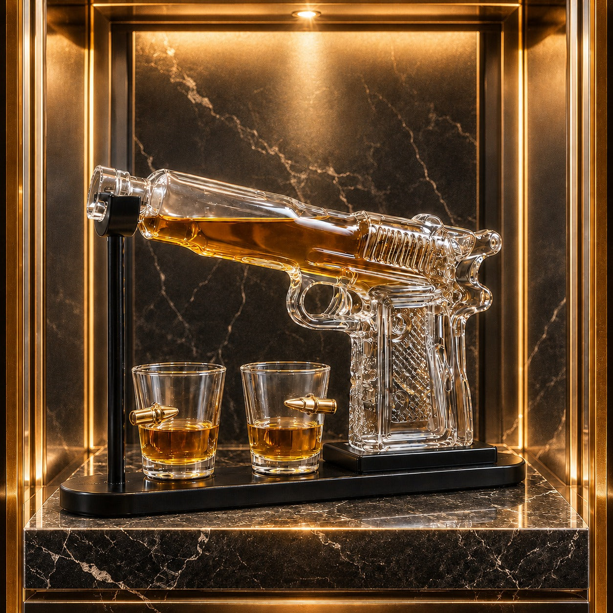 Set Decantor Bauturi Forma Pistol si Gloante 220ml/50ml Sticla Lemn - detaliu produs