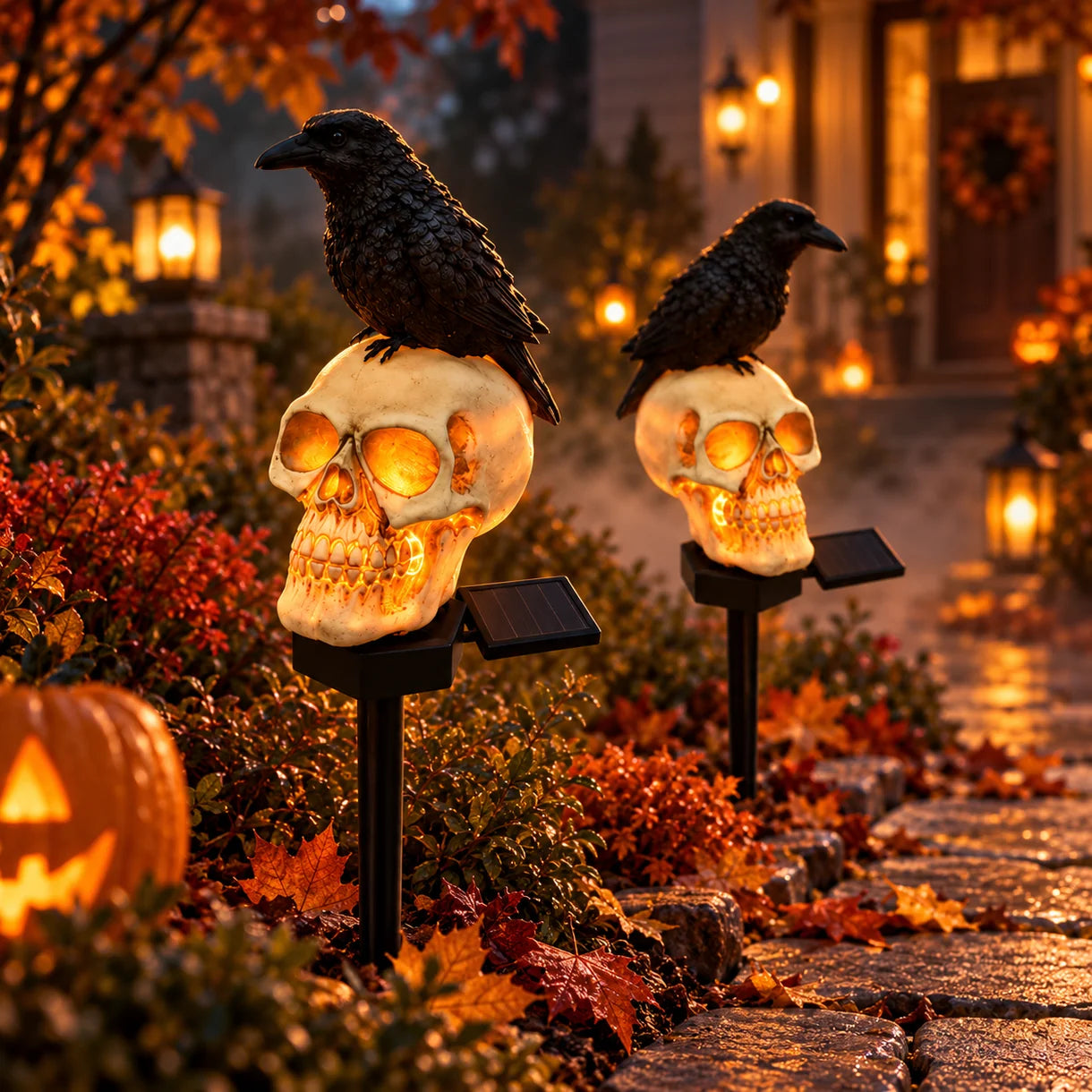 Set 2 Lampi Solare Halloween cu Craniu si Cioara Decoratiuni Gradina Curte - detaliu produs