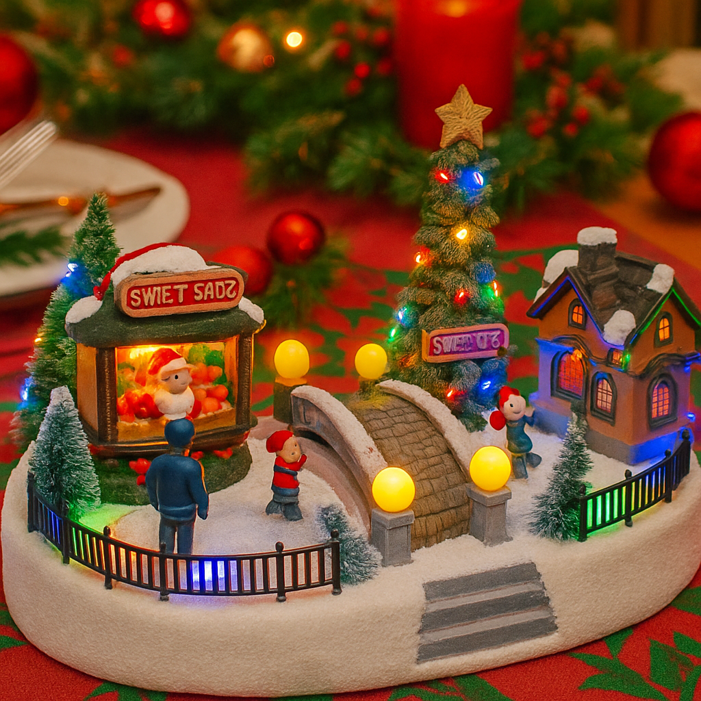 Decoratiune Muzicala de Craciun cu Luminare LED –Model Sat de Iarna cu Pod, Casute si Stand Mos Craciun