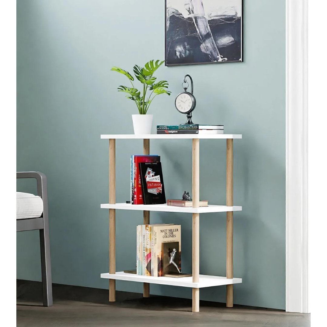 Etajera decorativa cu 3 rafturi si picioare din lemn – ideala ca biblioteca sau masuta laterala