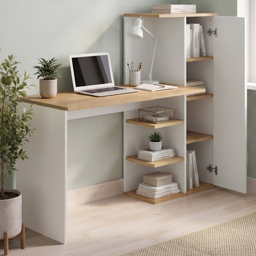 Birou cu bibliotecă și dulap, Alb și Stejar Natur - detaliu produs
