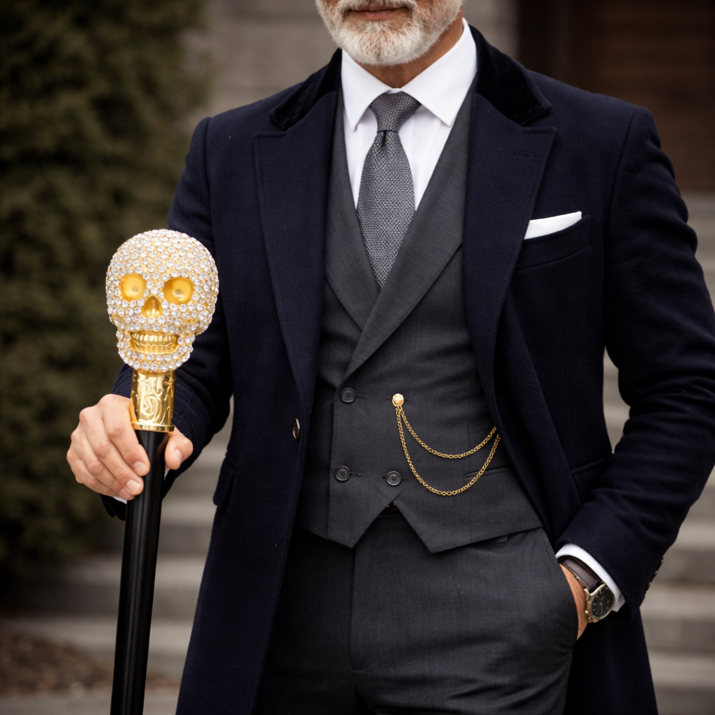 Baston de mers la moda cu cap de craniu auriu, 90 CM