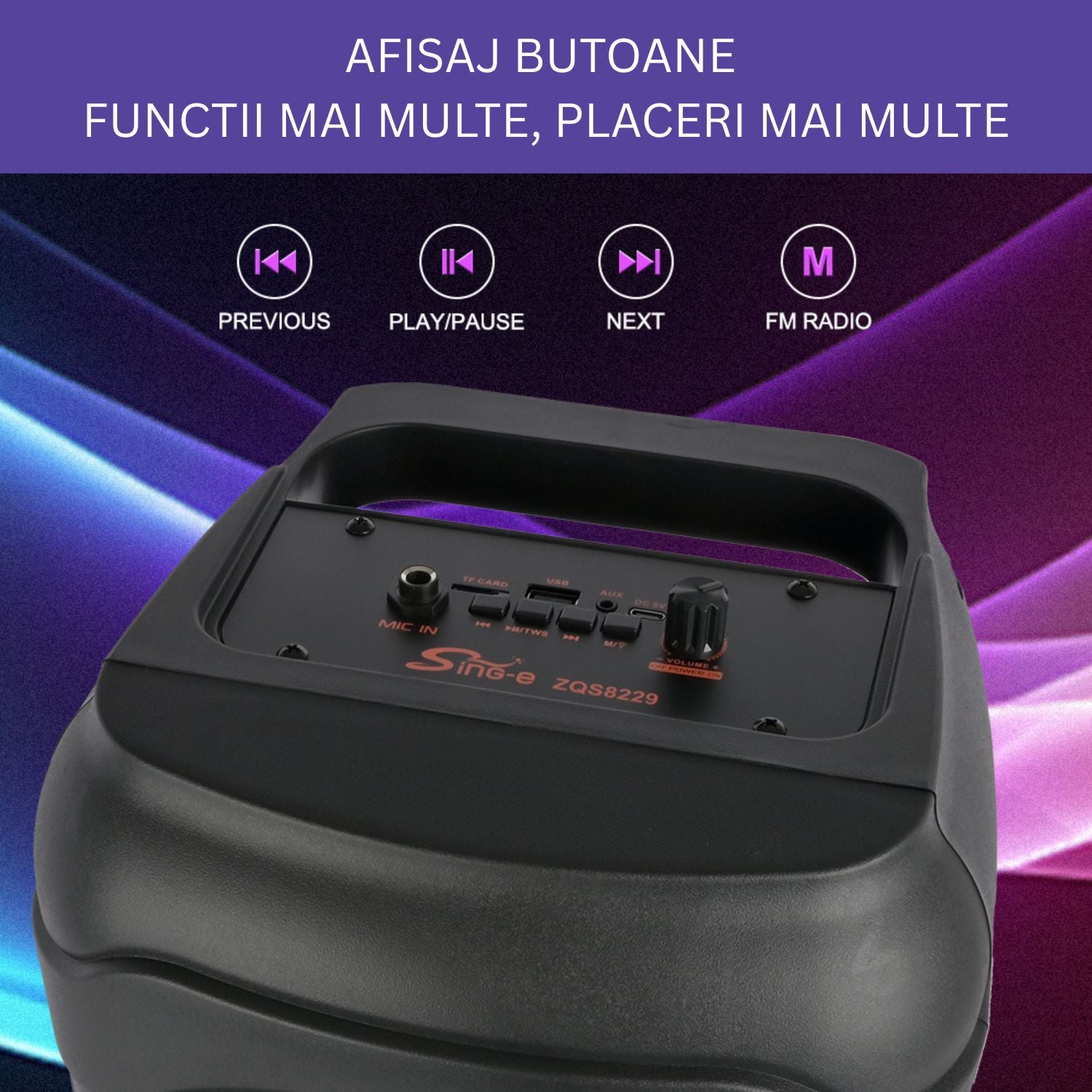 Boxa portabila Bluetooth cu difuzoare duale 8 inch, microfon karaoke, sunet puternic, lumini LED, autonomie mare